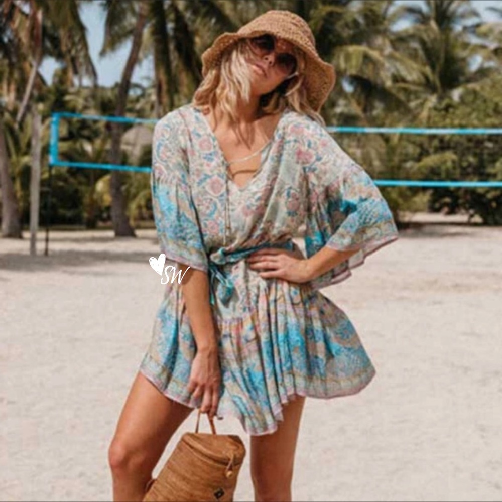 Colorful Boho Floral Gypsy Peacock Print Dress - Picture 2 of 13